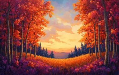 Autumnal Sunset Landscape: A Serene Golden Hour in the Woods