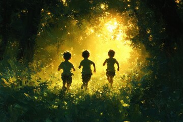 Fototapeta premium Active Children Playing Tag in the Park Brothers and Sisters Running in a Lush Green Landscape