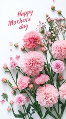"Happy Mother's Day" greeting card with a bouquet of pink hydrangeas arranged loosely against a white background, with individual flowers showing varying shades of pink