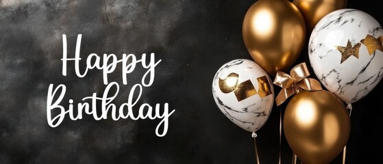 Elegant Gold and Marble Balloons Happy Birthday Celebration