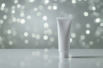 White cosmetic tube against a sparkling silver bokeh background. Modern branding and skincare product presentation.
