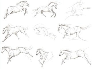 Sketch horses set. Wild horse engraving, run mustang or mare equine race retro vintage hand drawn art equestrian mammal animal modern illustration
