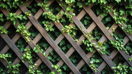 Lush green ivy growing on a rustic wooden trellis.