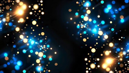 Obraz premium abstract background featuring glittering lights in vibrant blue and gold shades, scattered against a dark black gradient.