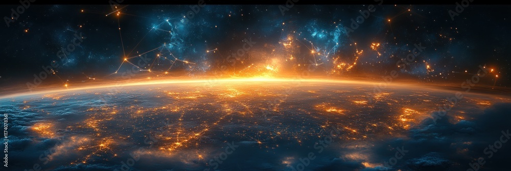 Poster Futuristic Digital Cityscape with Holographic Globe Global Networks and Virtual Reality Visualizations