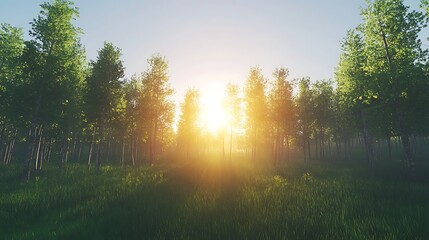 A serene forest at sunrise, showcasing vibrant greenery and soft sunlight filtering through trees.
