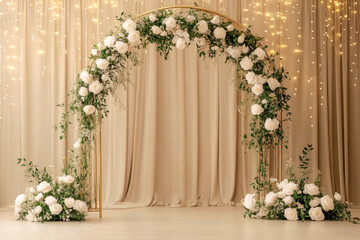 Elegant floral wedding arch with white roses and golden accents