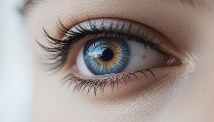 Close-up of a captivating blue and brown hazel eye with long dark eyelashes, intense gaze, and soft skin texture. High-detail macro shot showcasing beauty, cosmetics, and allure. Mysterious and sensua