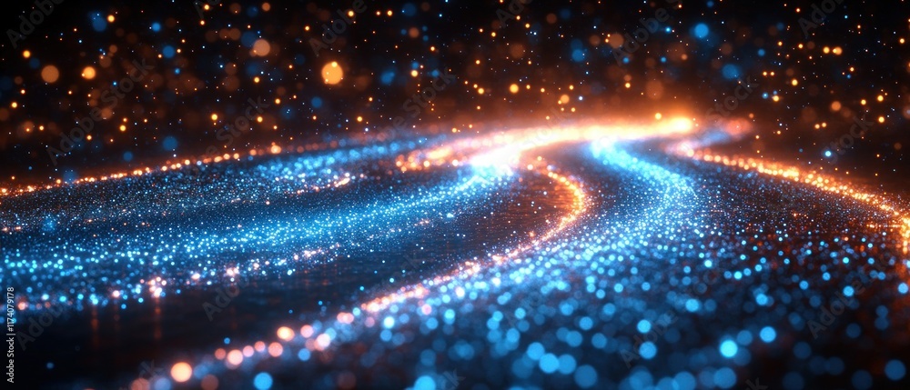 Aufkleber Futuristic Digital Landscape Showcasing IPv6 with Glowing Dots and Dynamic Light Trails in a Cyberpunk Style