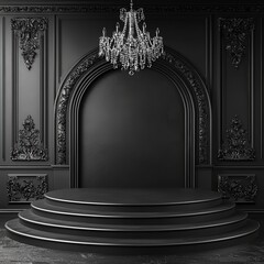 Elegant Black Stage with Crystal Chandelier and Ornate Walls