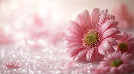 Beautiful pink gerbera daisy flowers with sparkling raindrops on their petals, creating a luminous and romantic atmosphere for greeting cards, post cards, gifting. Mother's Day concept