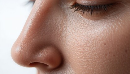 Obraz premium Close-up of Woman's Face with Glowing, Hydrated Skin, Showing Healthy Texture and Natural Beauty - Skincare, Cosmetics, Beauty Concept