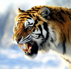 Obraz premium A fierce tiger roaring, isolated head shot, teeth bared in anger by the predator, an aggressive wildcat face, showcasing power, a wild feline in motion, portrait of a striped mammal on a transparent