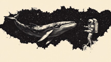 Obraz premium Interstellar Encounter Astronaut Explores Whale Shaped Galaxy in the Vastness of the Cosmos Blending the Realms of Science and Imagination