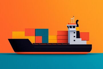 Obraz premium A vibrant representation of a cargo ship loaded with colorful containers against a gradient orange backdrop, symbolizing trade.