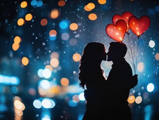 Silhueta de um casal apaixonado trocando carinho em paisagem urbana, com baloes de coração. Cena romântica ideal para o Dia dos Namorados, transmitindo amor e alegria.