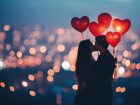 Silhueta de um casal apaixonado trocando carinho em paisagem urbana, com baloes de cora&ccedil;&atilde;o. Cena rom&acirc;ntica ideal para o Dia dos Namorados, transmitindo amor e alegria.