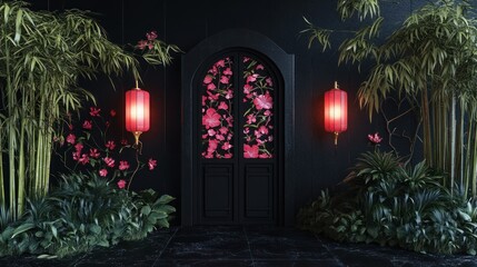 Black Doorway with Red Lanterns and Floral Design