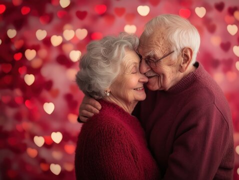 Casal de idosos em um abra&ccedil;o afetuoso, celebrando o Dia dos Namorados juntos. Cena tocante que retrata o amor duradouro e a cumplicidade.