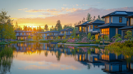 Obraz premium Scenic lakeside neighborhood at sunset with modern houses and lush gardens