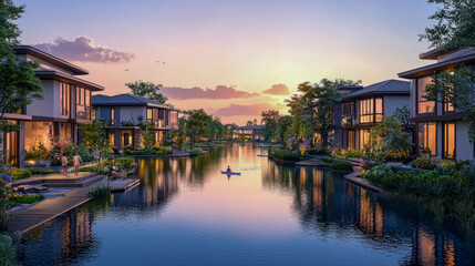 Obraz premium Tranquil waterfront community at sunset with modern houses