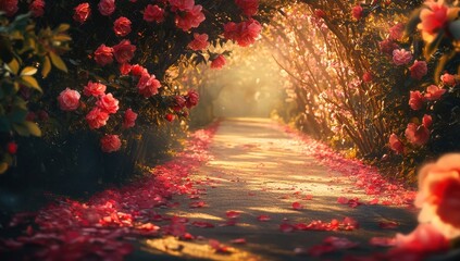 Sunlit path through a blooming rose tunnel.