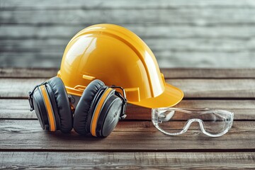Protective equipment for industrial safety. Work safety gear set on a wooden table with a red-colored background