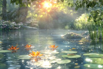A serene pond scene with blooming lilies and sunlight filtering through trees.