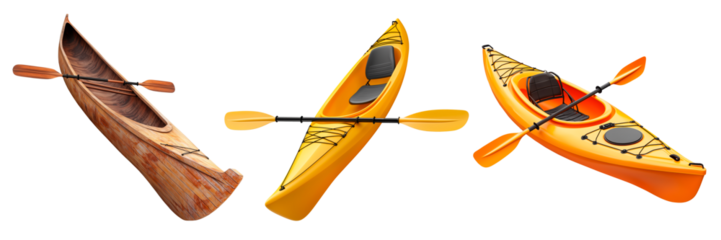 A set of bright yellow and wooden kayaks with black and wooden paddles on a transparent background. Perfect for outdoor adventures and water sports.