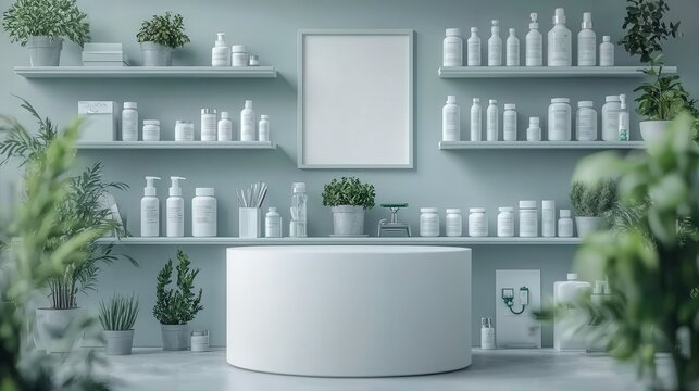 Minimalist Spa Setting with Product Display and Plants