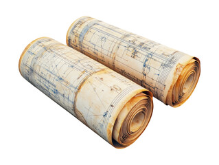 Detailed 3D Illustration of Rolled-Up Blueprints on Transparent Background