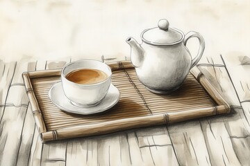 Fototapeta premium Serene Tea Set with Teapot and Cup on Bamboo Tray in Natural Light