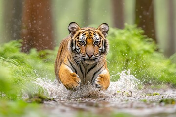 Obraz premium A Siberian tiger moves swiftly in the river, with water splashing around