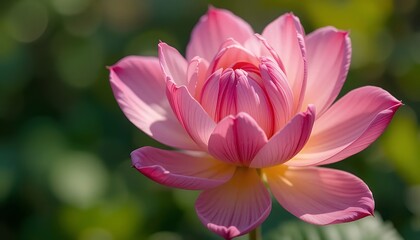 Serene Pink Lotus Flower Blossom in Soft Sunlight: Macro Photography of Elegant Water Lily, Peaceful Nature Scene, Floral Background, Botany, Spa, Yoga, Meditation, Purity, Zen, Sacred, Beautiful 