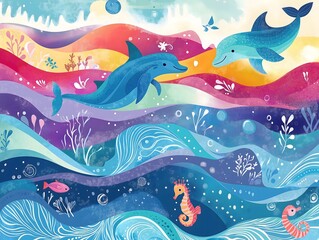 Obraz premium Children’s Book-Inspired Pattern with Dolphins and Seahorses