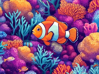 Cartoon Clownfish and Colorful Coral