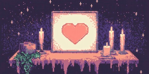 Naklejka premium Pixel Art Heart Shrine Candles, Plants, and Night Sky