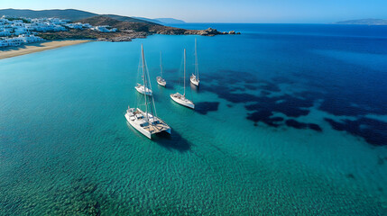 Aerial drone photo of luxury sail boat anchored in paradise bay of Ornos in island of Mykonos, Cyclades, Greece