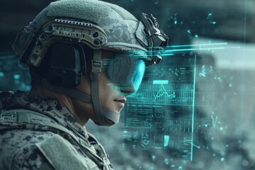 Soldier in a military ops center uses a high-tech headset for data visualization