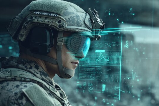 Soldier in a military ops center uses a high-tech headset for data visualization - Powered by Adobe