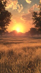 Obraz premium A serene sunset over a grassy field, evoking tranquility and natural beauty.