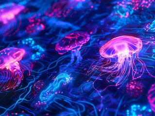 Obraz premium Neon Underwater Pattern with Jellyfish and Plankton