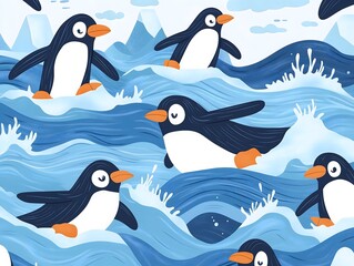 Obraz premium Playful Penguins Sliding on Icebergs with Waves
