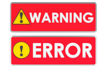 Warning and error signs, red color. 3D rendering isolated on transparent background