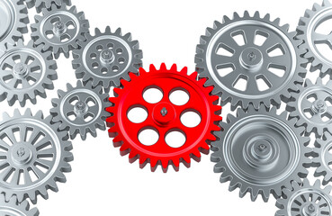 Teamwork, business and strategy concept with gears, 3D rendering isolated on transparent background