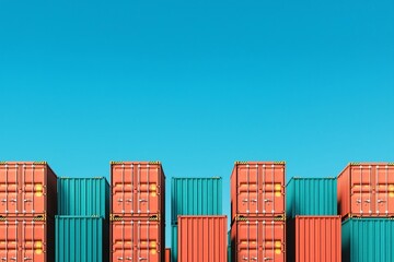 Fototapeta premium A Vibrant Display of Cargo Containers Stacked Under a Clear Blue Sky, Showcasing Industrial Efficiency and Color Harmony.