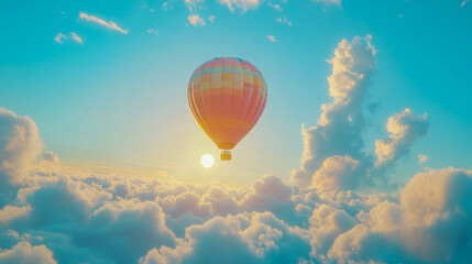 Naklejka premium Colorful hot air balloon soaring in a vibrant sky above clouds at sunrise