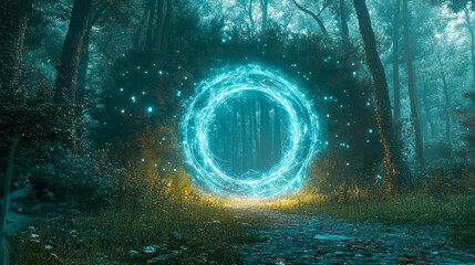 Mysterious glowing portal in enchanted forest pathway