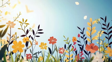 Vibrant Floral Landscape with Colorful Flowers and Green Leaves Against a Bright Blue Sky on a Sunny Day in a Cheerful Spring Atmosphere