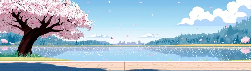 Naklejka premium Serene Landscape with Cherry Blossom Tree by Calm Lake and Blue Sky Under Soft Clouds in a Peaceful and Vibrant Nature Setting